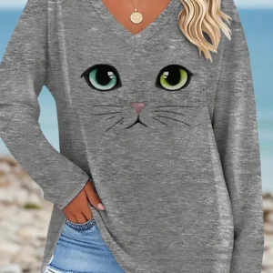 Women’S Plus Size Casual V-Neck Long Sleeve T-Shirt