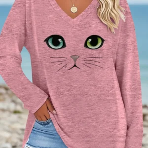 Women’S Plus Size Casual V-Neck Long Sleeve T-Shirt