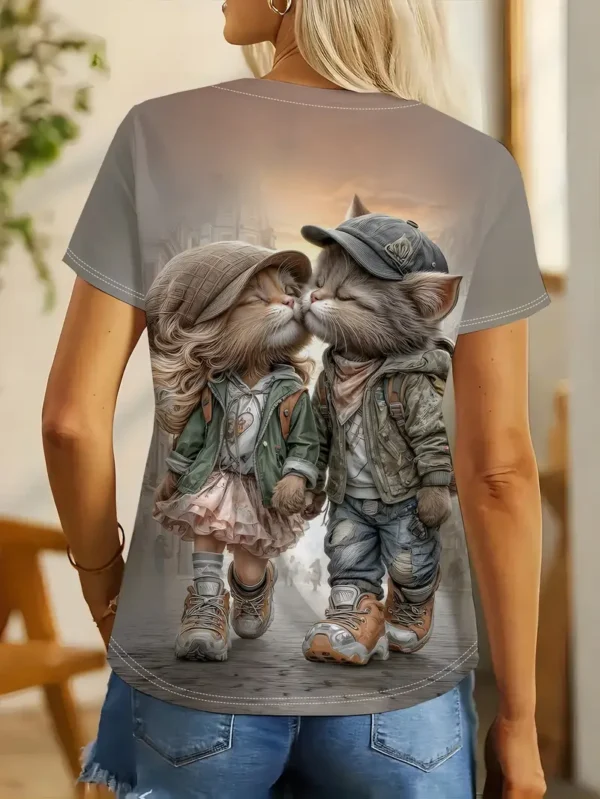 Women'S Romantic Couple Cat  T-Shirt - Image 5
