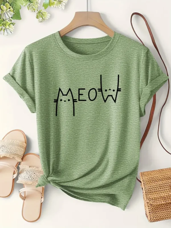 Women's Casual Cat 'Meow' Graphic T-Shirt - Image 2