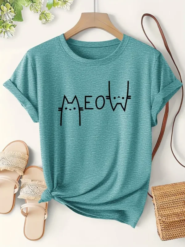 Women's Casual Cat 'Meow' Graphic T-Shirt - Image 4