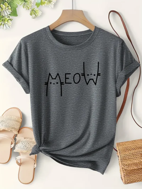 Women's Casual Cat 'Meow' Graphic T-Shirt - Image 7