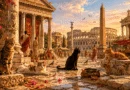 Domestic cats sitting in the streets of ancient Rome surrounded by historic stone ruins and architecture