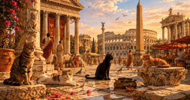 Domestic cats sitting in the streets of ancient Rome surrounded by historic stone ruins and architecture