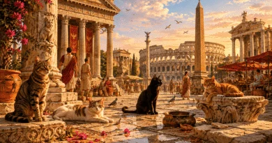 Domestic cats sitting in the streets of ancient Rome surrounded by historic stone ruins and architecture