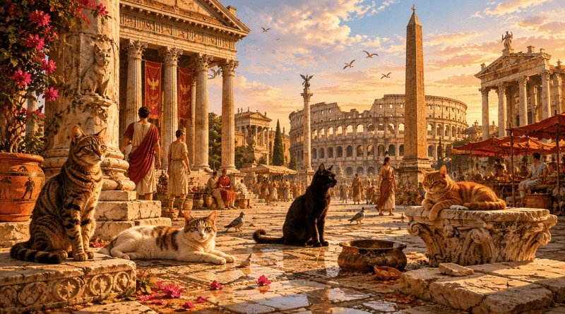 Domestic cats sitting in the streets of ancient Rome surrounded by historic stone ruins and architecture