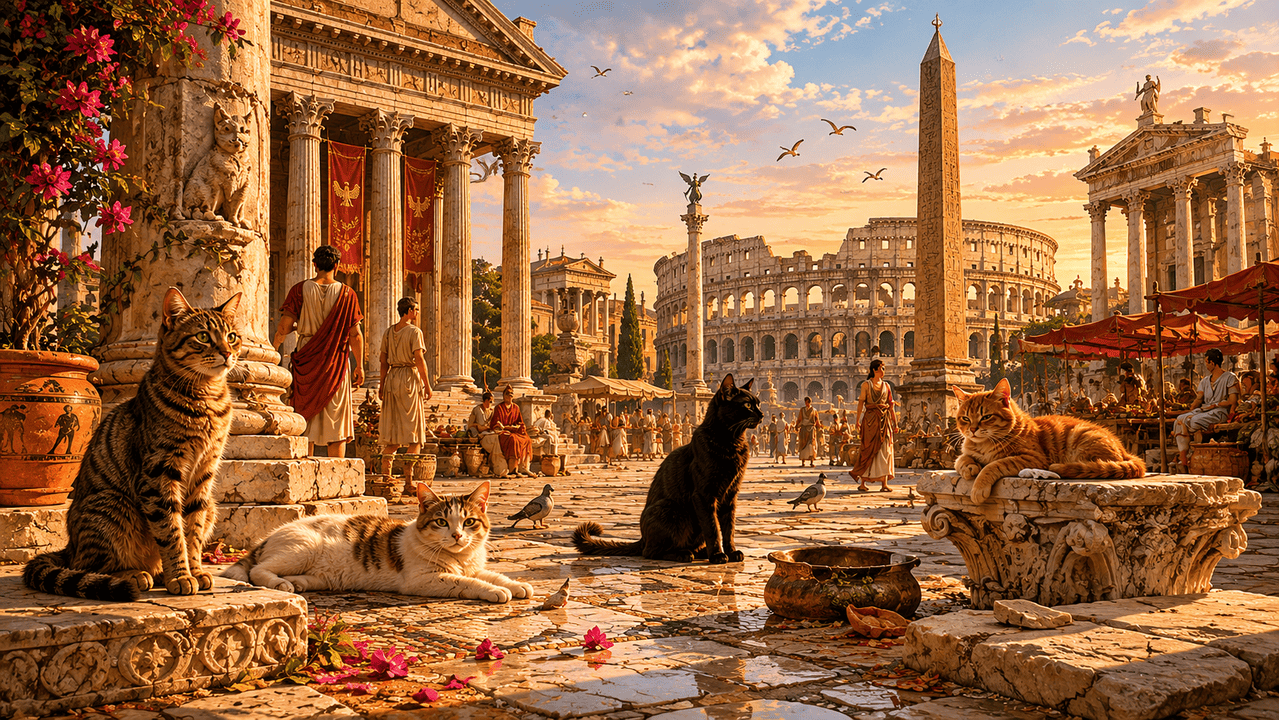 Domestic cats sitting in the streets of ancient Rome surrounded by historic stone ruins and architecture