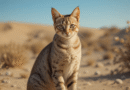 Arabian Mau cat in desert, alert and intelligent, with short coat and expressive eyes, realistic fur and whiskers.