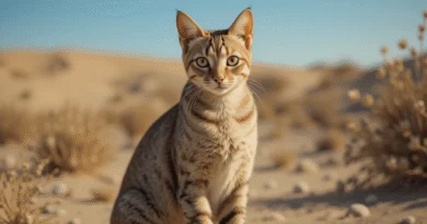 Arabian Mau cat in desert, alert and intelligent, with short coat and expressive eyes, realistic fur and whiskers.