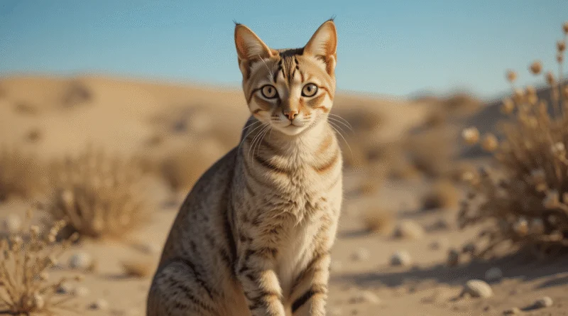 Arabian Mau cat in desert, alert and intelligent, with short coat and expressive eyes, realistic fur and whiskers.