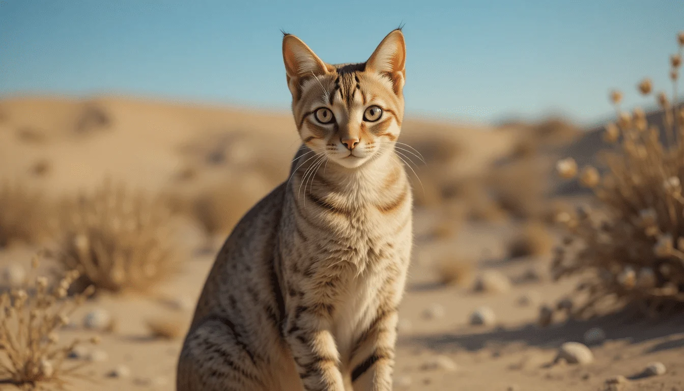 Arabian Mau cat in desert, alert and intelligent, with short coat and expressive eyes, realistic fur and whiskers.