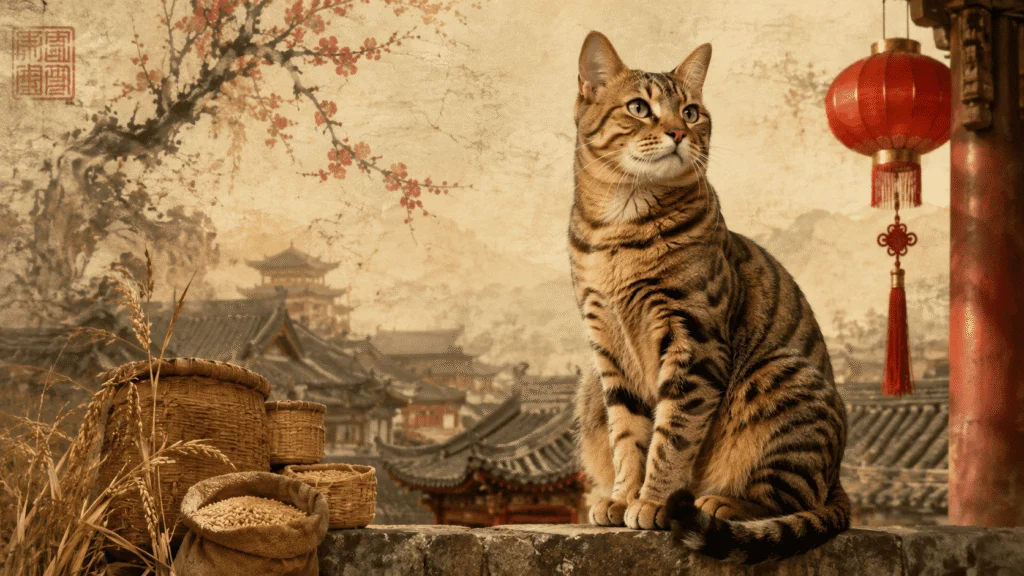 Tabby cat sitting in front of a traditional Chinese village with lanterns, rooftops, and artistic floral elements.