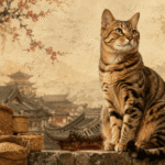 Tabby cat sitting in front of a traditional Chinese village with lanterns, rooftops, and artistic floral elements.