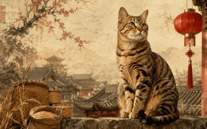 Tabby cat sitting in front of a traditional Chinese village with lanterns, rooftops, and artistic floral elements.