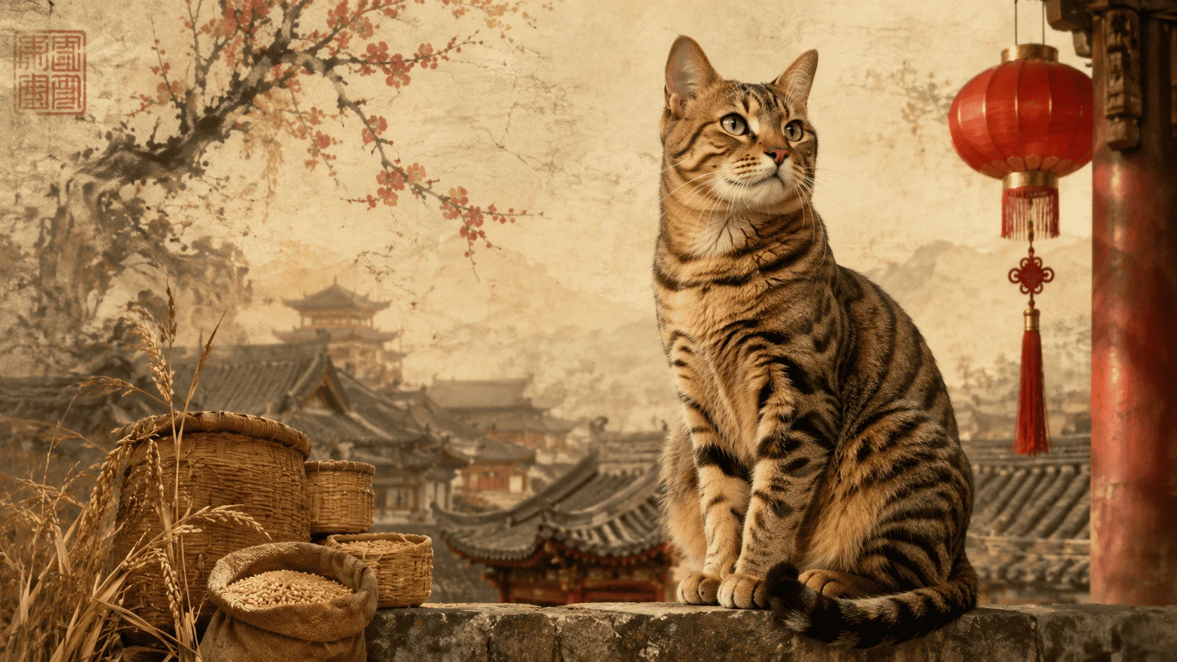 Tabby cat sitting in front of a traditional Chinese village with lanterns, rooftops, and artistic floral elements.