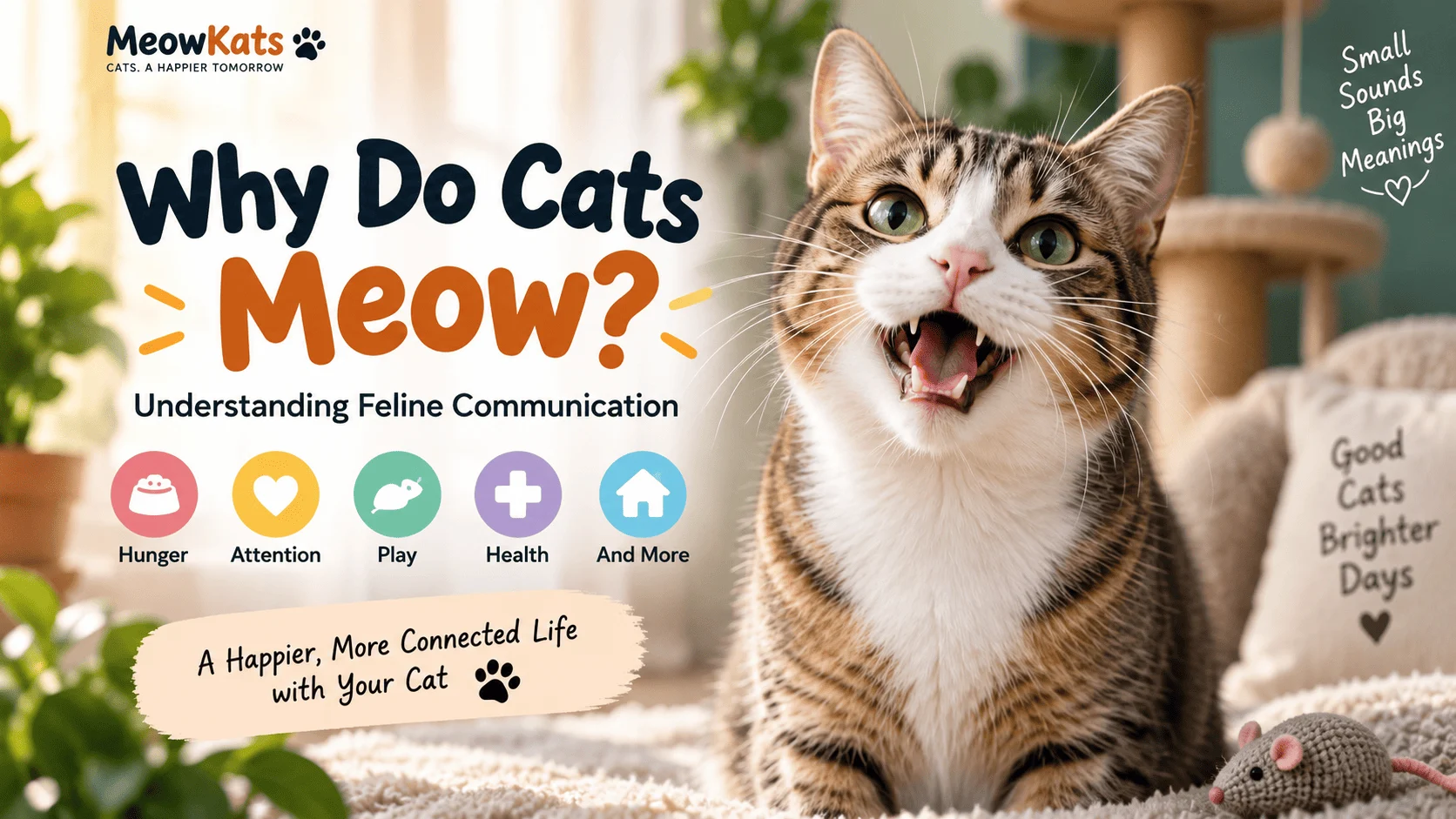 Tabby cat meowing with icons explaining hunger, attention, play, and health