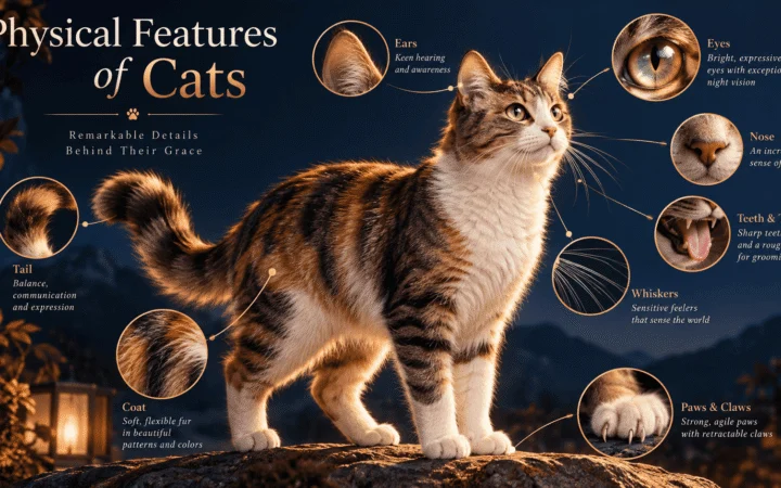 Illustrated cat anatomy infographic highlighting the eyes, ears, nose, whiskers, paws, claws, coat, tail, teeth, and tongue.