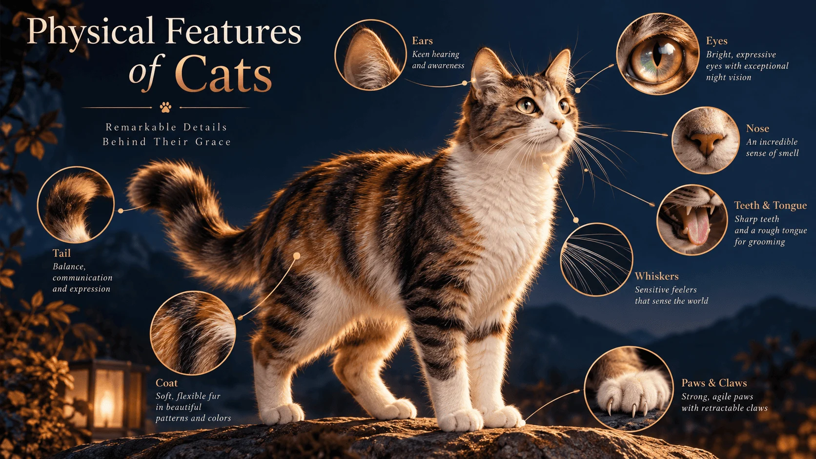 Illustrated cat anatomy infographic highlighting the eyes, ears, nose, whiskers, paws, claws, coat, tail, teeth, and tongue.