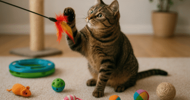 A brown tabby cat playing with a colorful feather toy surrounded by various enrichment toys, including balls, plush mice, and a scratching post, in a cozy indoor environment.