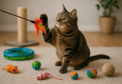 A brown tabby cat playing with a colorful feather toy surrounded by various enrichment toys, including balls, plush mice, and a scratching post, in a cozy indoor environment.