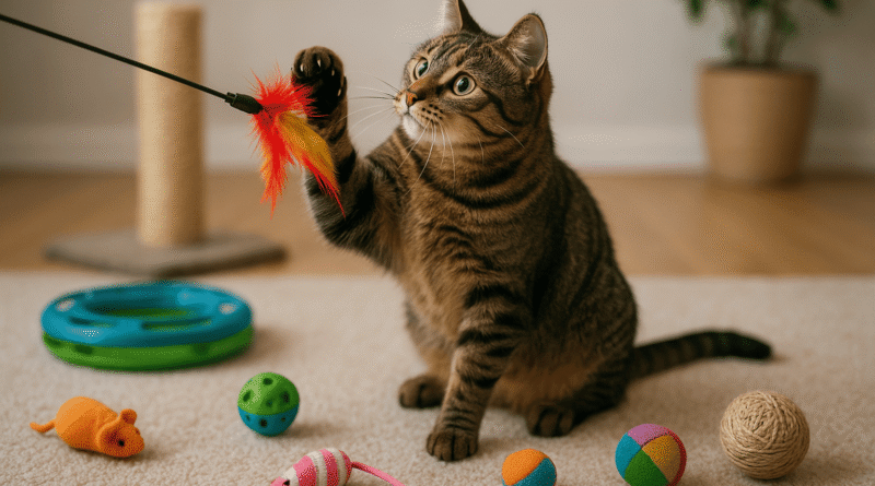 A brown tabby cat playing with a colorful feather toy surrounded by various enrichment toys, including balls, plush mice, and a scratching post, in a cozy indoor environment.