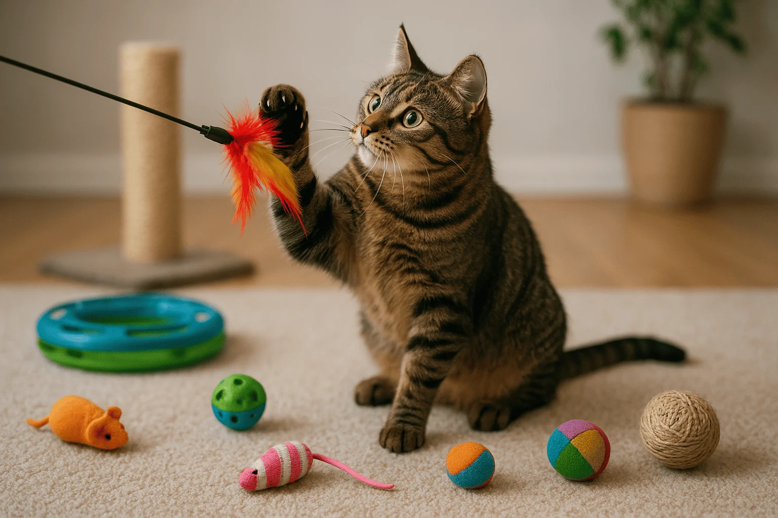 A brown tabby cat playing with a colorful feather toy surrounded by various enrichment toys, including balls, plush mice, and a scratching post, in a cozy indoor environment.