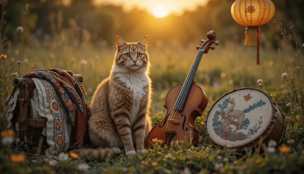 Folk-inspired illustration featuring a cat engaged in music , highlighting traditional patterns and joyful expressions