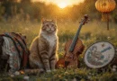 Folk-inspired illustration featuring a cat engaged in music , highlighting traditional patterns and joyful expressions