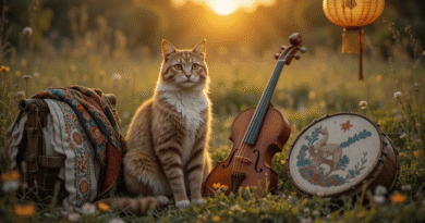 Folk-inspired illustration featuring a cat engaged in music , highlighting traditional patterns and joyful expressions