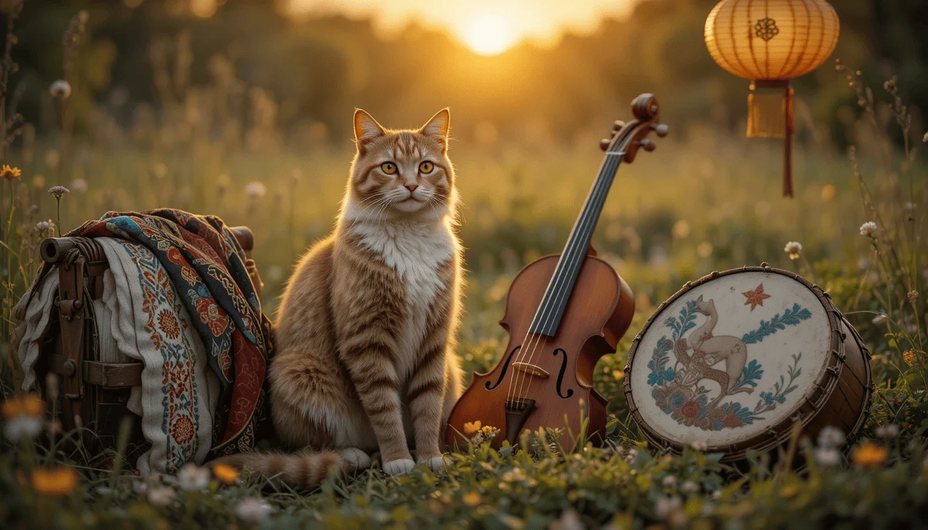 Folk-inspired illustration featuring a cat engaged in music , highlighting traditional patterns and joyful expressions