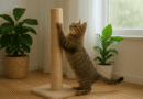 A tabby cat stretches and scratches on a tall sisal post beside green indoor plants in a bright, cozy room.