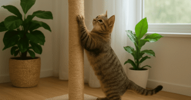 A tabby cat stretches and scratches on a tall sisal post beside green indoor plants in a bright, cozy room.
