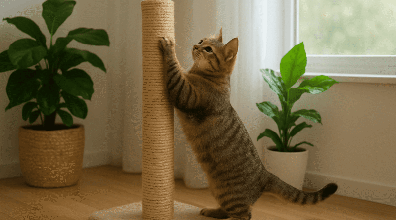 A tabby cat stretches and scratches on a tall sisal post beside green indoor plants in a bright, cozy room.