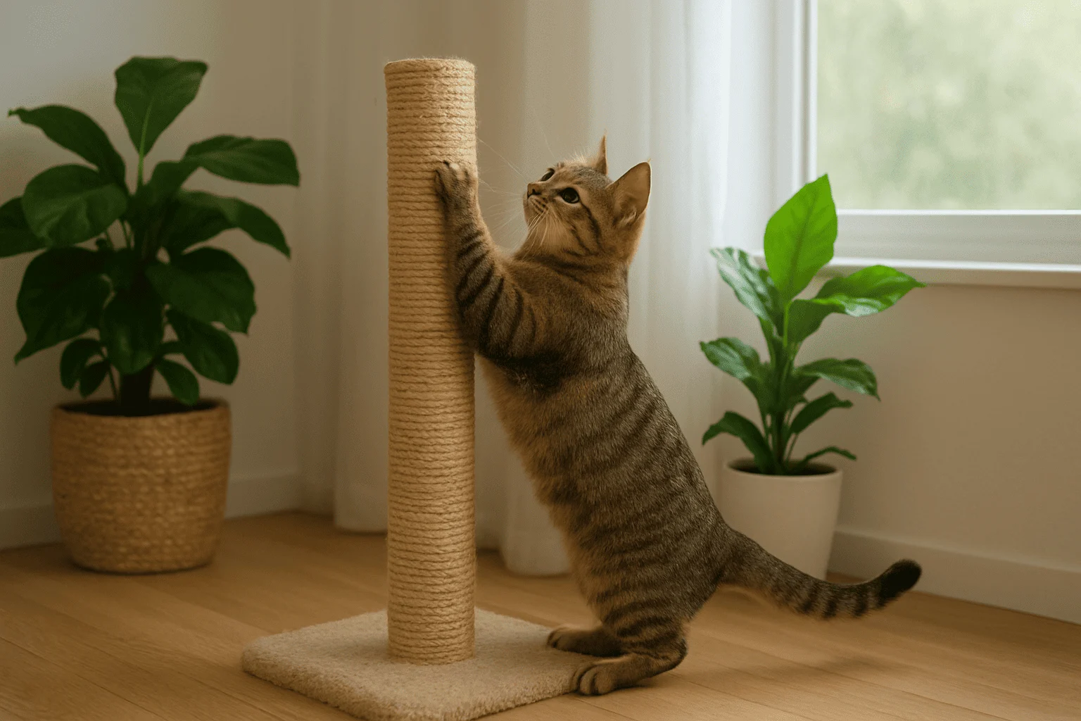 A tabby cat stretches and scratches on a tall sisal post beside green indoor plants in a bright, cozy room.