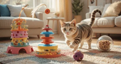 Domestic cat playing with interactive toys including a puzzle feeder, laser toy, and rolling treat ball in a cozy indoor environment