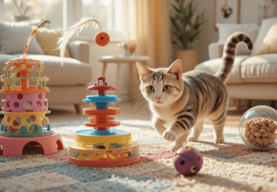 Domestic cat playing with interactive toys including a puzzle feeder, laser toy, and rolling treat ball in a cozy indoor environment