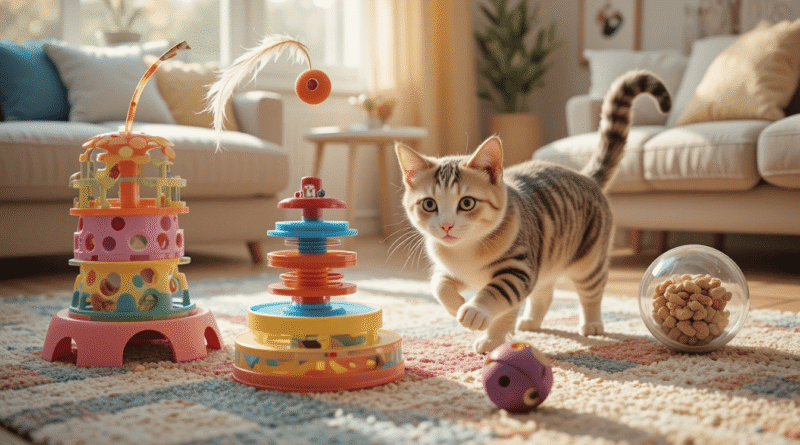 Domestic cat playing with interactive toys including a puzzle feeder, laser toy, and rolling treat ball in a cozy indoor environment