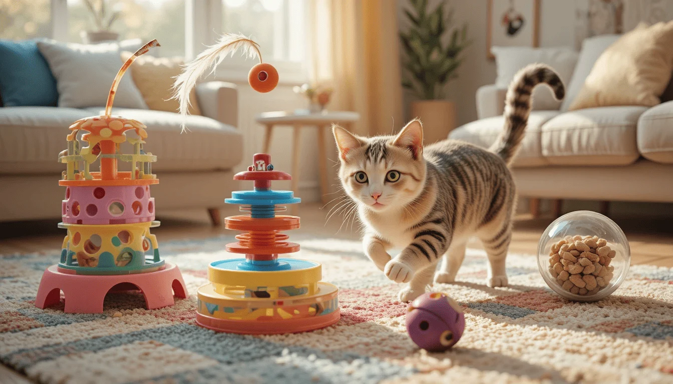 Domestic cat playing with interactive toys including a puzzle feeder, laser toy, and rolling treat ball in a cozy indoor environment