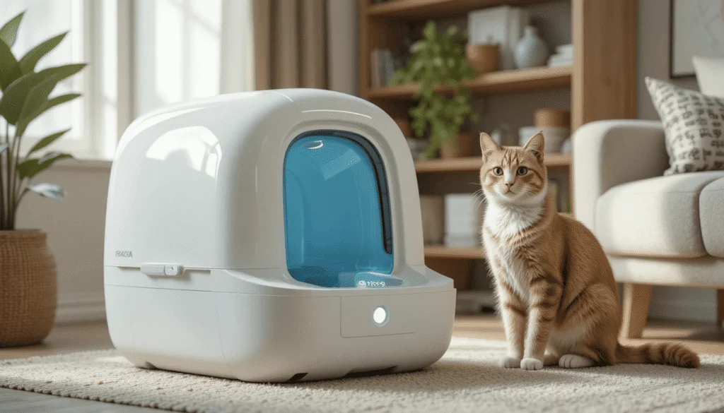 Ultra-realistic photo of a modern automatic self-cleaning cat litter box in a bright home, with a relaxed domestic cat standing near the device. Clean, minimal décor and soft natural lighting highlight the product’s smart features.