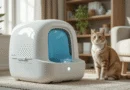 Ultra-realistic photo of a modern automatic self-cleaning cat litter box in a bright home, with a relaxed domestic cat standing near the device. Clean, minimal décor and soft natural lighting highlight the product’s smart features.