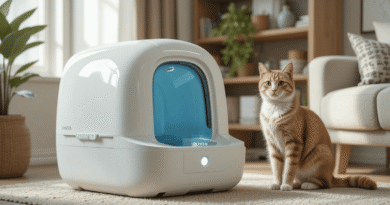 Ultra-realistic photo of a modern automatic self-cleaning cat litter box in a bright home, with a relaxed domestic cat standing near the device. Clean, minimal décor and soft natural lighting highlight the product’s smart features.