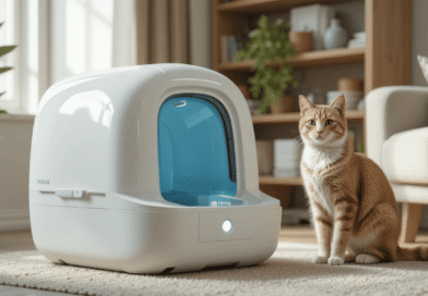 Ultra-realistic photo of a modern automatic self-cleaning cat litter box in a bright home, with a relaxed domestic cat standing near the device. Clean, minimal décor and soft natural lighting highlight the product’s smart features.