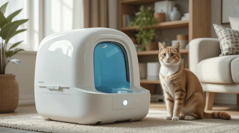 Ultra-realistic photo of a modern automatic self-cleaning cat litter box in a bright home, with a relaxed domestic cat standing near the device. Clean, minimal décor and soft natural lighting highlight the product’s smart features.