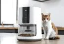 A photorealistic scene showing four modern automatic cat feeders—one small wireless feeder, one large 5L feeder with an LCD screen, one elevated stainless-steel feeder with raised bowls, and one sleek 4L feeder with a voice-recording feature—arranged on a clean surface with a calm cat observing them in a minimalist home setting.