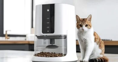 A photorealistic scene showing four modern automatic cat feeders—one small wireless feeder, one large 5L feeder with an LCD screen, one elevated stainless-steel feeder with raised bowls, and one sleek 4L feeder with a voice-recording feature—arranged on a clean surface with a calm cat observing them in a minimalist home setting.