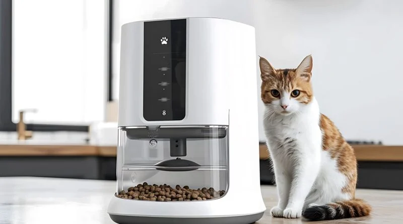 A photorealistic scene showing four modern automatic cat feeders—one small wireless feeder, one large 5L feeder with an LCD screen, one elevated stainless-steel feeder with raised bowls, and one sleek 4L feeder with a voice-recording feature—arranged on a clean surface with a calm cat observing them in a minimalist home setting.