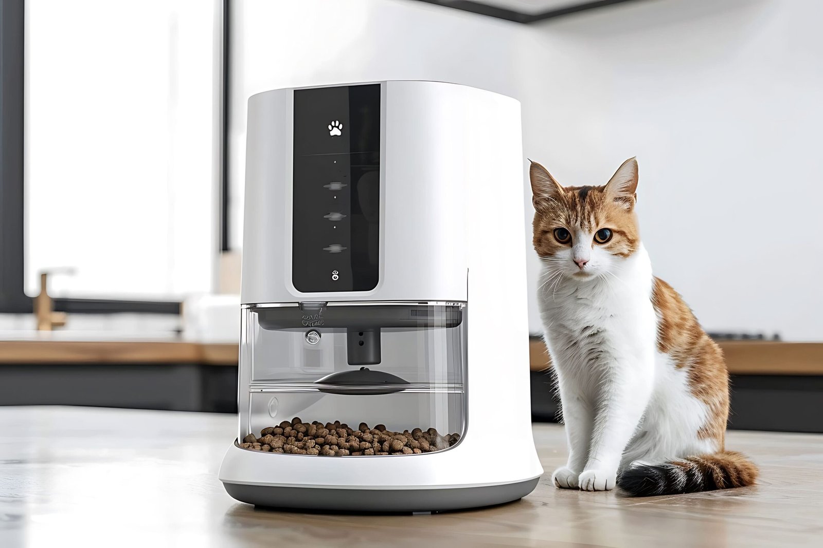 A photorealistic scene showing four modern automatic cat feeders—one small wireless feeder, one large 5L feeder with an LCD screen, one elevated stainless-steel feeder with raised bowls, and one sleek 4L feeder with a voice-recording feature—arranged on a clean surface with a calm cat observing them in a minimalist home setting.