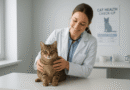 A friendly veterinarian gently examining a calm domestic short-haired cat during a routine health check-up in a modern veterinary clinic with natural lighting and a caring atmosphere.