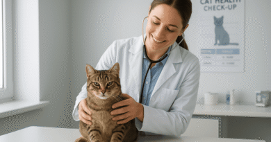 A friendly veterinarian gently examining a calm domestic short-haired cat during a routine health check-up in a modern veterinary clinic with natural lighting and a caring atmosphere.