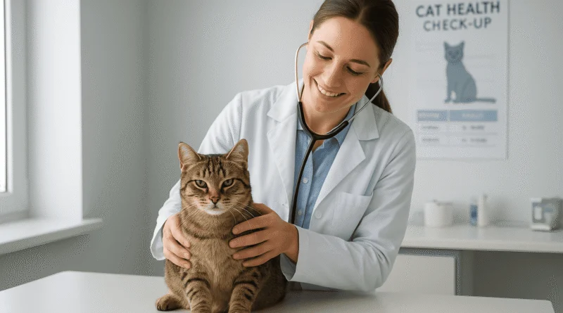 A friendly veterinarian gently examining a calm domestic short-haired cat during a routine health check-up in a modern veterinary clinic with natural lighting and a caring atmosphere.